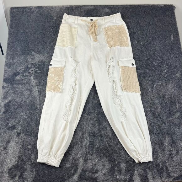 POL Crochet Pocket Baggy White Joggers Pants Drawstring Women's L Boho Cargo - Picture 1 of 13